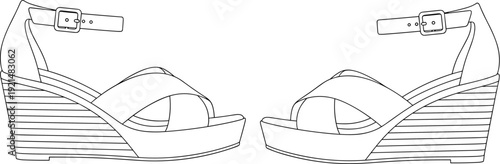 Wedge sandals footwear line art flat vector illustration, fashion design, ankle strap shoes, crisscross straps, platform heel product artwork