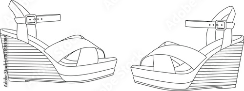 Wedge sandals footwear line art flat vector illustration, fashion design, ankle strap shoes, crisscross straps, product artwork