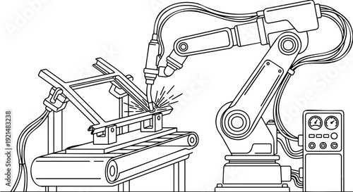 Black and white line art vector illustration of an automated industrial robotic arm welding a metal frame structure on a conveyor belt next to a control panel