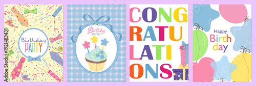 Set Colorful Birthday Party Invitations Vector Illustration