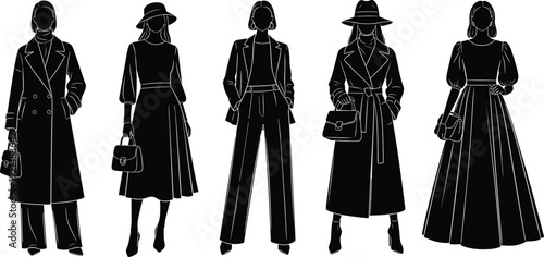 Minimalist Black Female Fashion Silhouette Collection Featuring Elegant Autumn Outfits Professional Outwear Dresses and Modern Style Templates for Creative Design Projects