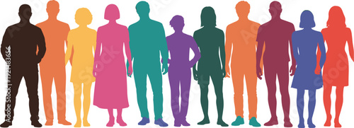 Diverse group of people silhouettes, colorful unity, community inclusion, multicultural society, gender equality, standing crowd, social diversity, teamwork illustration