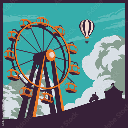 Giant wheel in fair silhoutte illustration, theme park vector illustration