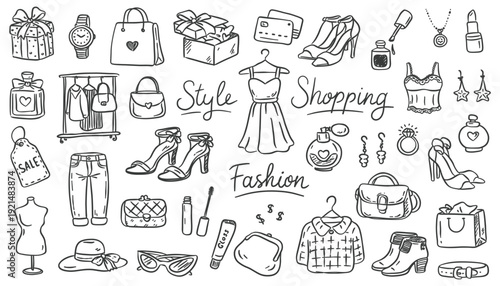 Large set of fashion, shopping, and beauty vector doodles. Hand drawn clothing, cosmetics, accessories, and gifts. Black and white outline illustrations for women's blog or retail design.