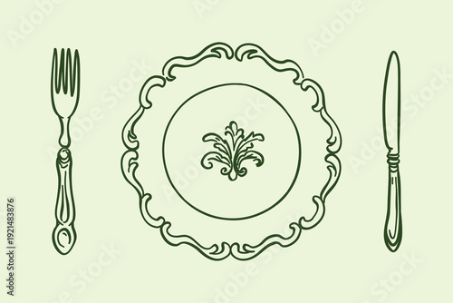 Vector illustration of table setting. Elegant decorative plate with ornament, vintage style fork and knife. Hand drawn outline doodle for restaurant menu, cafe decor or cooking blog.