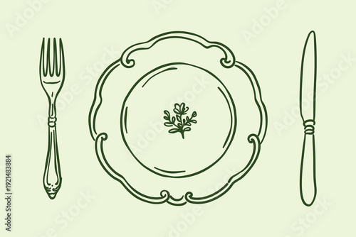 Vector illustration of table setting. Elegant decorative plate with ornament, vintage style fork and knife. Hand drawn outline doodle for restaurant menu, cafe decor or cooking blog.