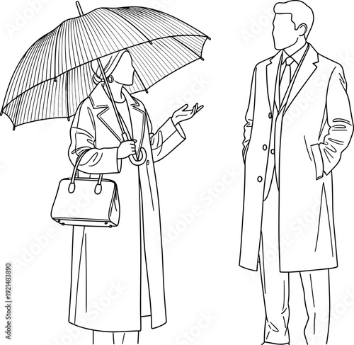 Professional man and woman in long formal coats and business attire with umbrella line art vector illustration for autumn winter fashion