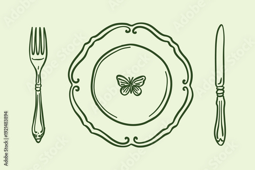 Vector illustration of table setting. Elegant decorative plate with ornament, vintage style fork and knife. Hand drawn outline doodle for restaurant menu, cafe decor or cooking blog.