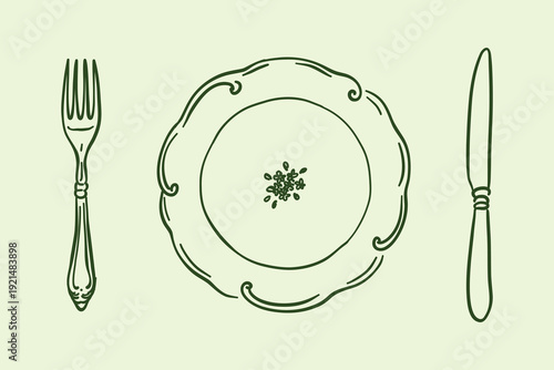 Vector illustration of table setting. Elegant decorative plate with ornament, vintage style fork and knife. Hand drawn outline doodle for restaurant menu, cafe decor or cooking blog.