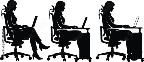 Silhouette of a Professional Woman Working on a Laptop in Various Ergonomic Seated Positions at a Modern Office Desk with Chair cad drawing flat vector illustration