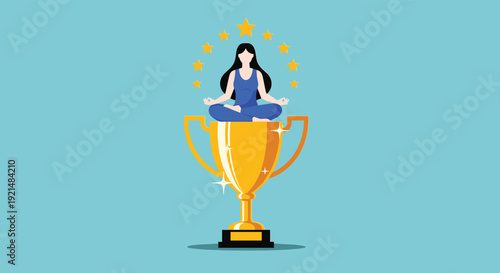 Woman meditating in lotus pose on top of a giant golden trophy with stars for success mindfulness and mental health concept vector illustration