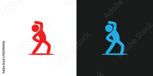 A person exercising, lifting weights, in a simple graphic illustration on a contrasting background from two different viewpoints