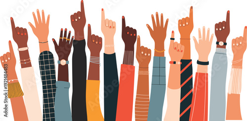 Diverse hands raised up, multicultural group of people showing unity, support, vote, solidarity, activism, protest, teamwork, inclusion illustration