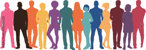 Diverse people standing silhouettes, colorful group illustration, community unity, gender diversity, inclusive crowd, multicultural concept, equality, teamwork vector art