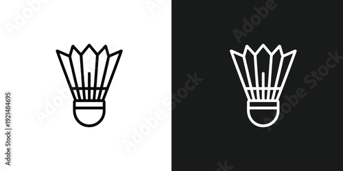 Simple line art illustrations of badminton shuttlecocks on contrasting white and black backgrounds viewed from directly above for graphic design use.