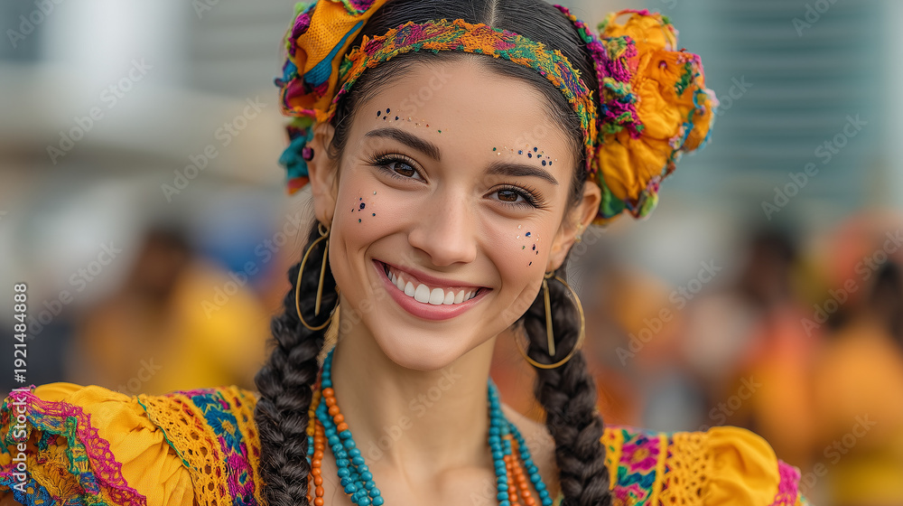 Fototapeta premium Colombian Independence Day, Young Colombian Woman in Traditional Colorful Dress Celebrating Independence Day with Bright Smile