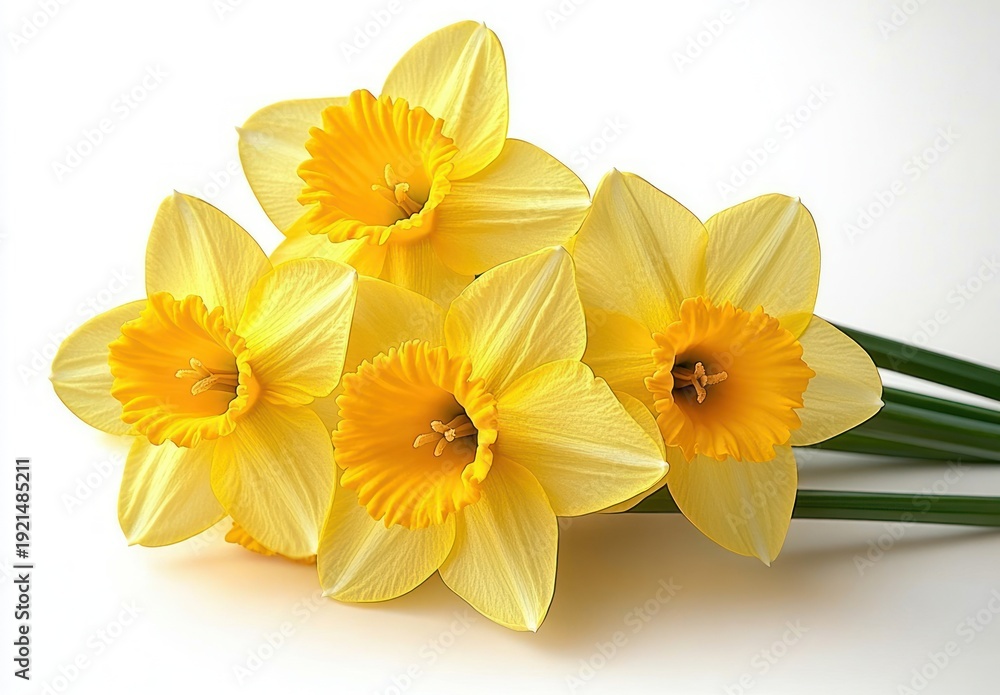 Fototapeta premium Five bright yellow daffodils with trumpet centers and green stems on a clean white background, evoking springtime joy and fresh uplifting cheer