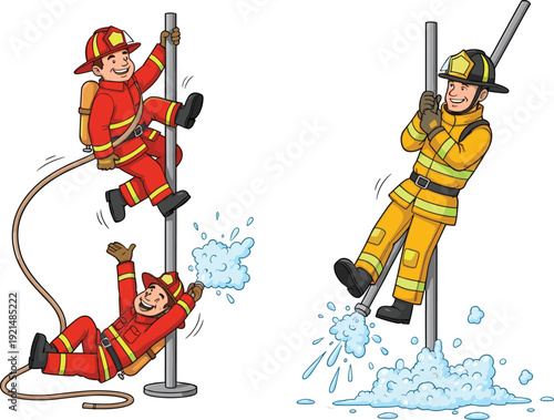 Firefighters sliding down pole, using fire hose, firefighting equipment, emergency response team, safety training, rescue workers, cartoon firefighter action scene.