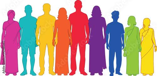 Diverse, colorful, silhouette, people, inclusion, culture, tradition, modern, unity, community, equality, vibrant, graphic, clothing, attire, multicultural, diversity, illustration