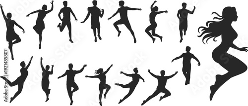 Energetic people silhouettes jumping, dancing, running, exercising, creative vector illustration set of active lifestyle poses, black graphic collection.