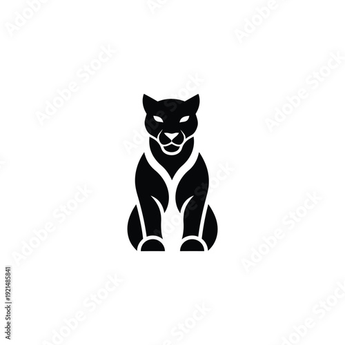 A minimalist black panther illustration sitting calmly with glowing eyes, depicted from a direct viewpoint