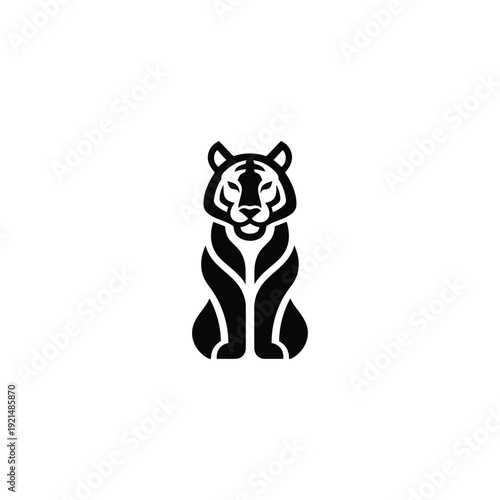 Stylized tiger illustration sitting calmly with detailed facial features and bold lines against a plain background from a direct viewpoint