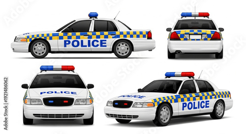 Police Cars Multiple Angles White Background.