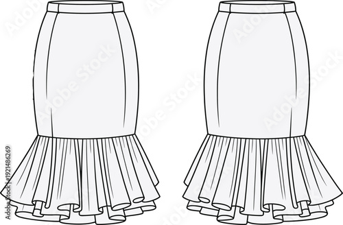 Flared hem skirt fashion design, stylish silhouette garment sketch, CAD drawing apparel layout, flat vector illustration, clothing template for digital fashion content creation