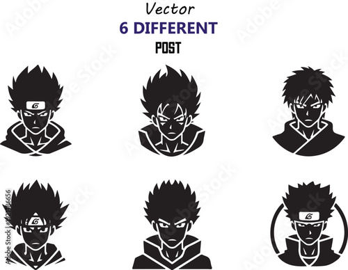 Six different vector illustrations of a manga character with various hairstyles and emotions