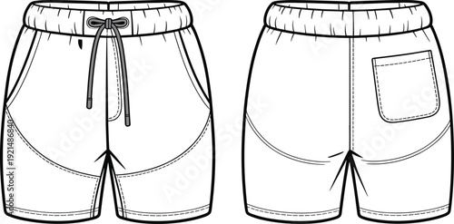 Flat sketch of casual sports shorts with drawstring waistband, front and back view, technical fashion illustration, vector template