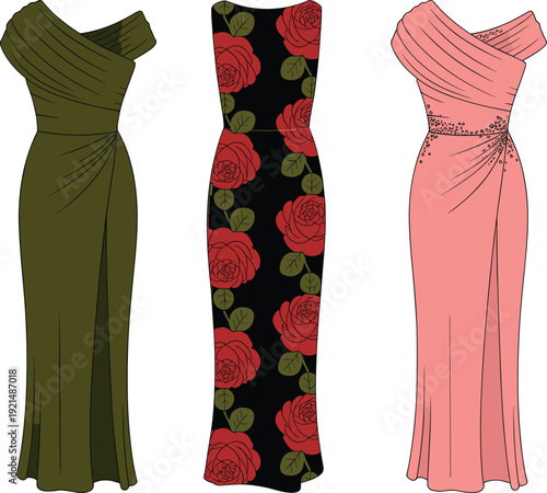 Evening gowns, sleeveless dress, floral pattern, V-neckline, flutter sleeves, coral color, olive green, red roses, fashion design, cad drawing flat vector illustration