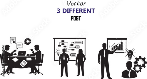 Vector illustrations of business professionals in different meeting and presentation settings