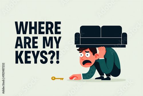 Man searching for keys, overwhelmed by couch, stress and lost item concept illustration