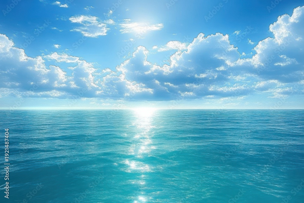 Naklejka premium sunlit turquoise ocean under a bright blue sky filled with fluffy white clouds, calm peaceful seascape with sparkling sun reflection on the water
