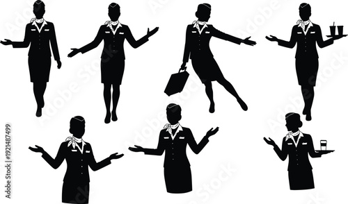 Female flight attendants in uniform showing gestures, carrying luggage, serving drinks, welcoming passengers, professional airline staff, travel, hospitality, aviation service.