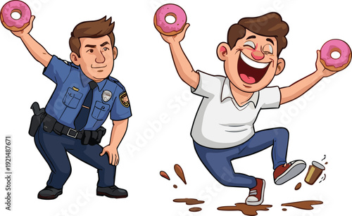 Funny cartoon characters holding donuts, police officer and man laughing, spilling coffee, humorous illustration, vector art, joyful expressions, food