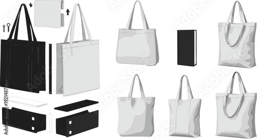 Tote Bag Mockup Set with Black and White Fabric Templates and Exploded View for Fashion Branding Retail Merchandise and Eco Shopping Design.