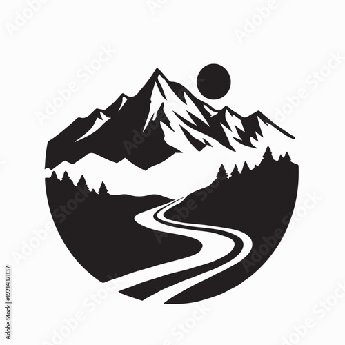 Scenic Mountain and River Vector Logo Design Illustration on White Background