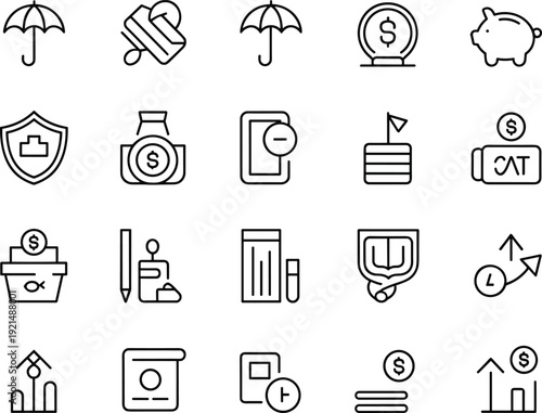 Finance, insurance, savings, investment, banking icon set, money management symbols, line style design, economic growth, piggy bank