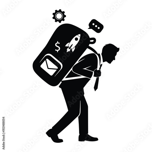 Man burdened by heavy business backpack filled with work tasks, email, and rocket launch plans