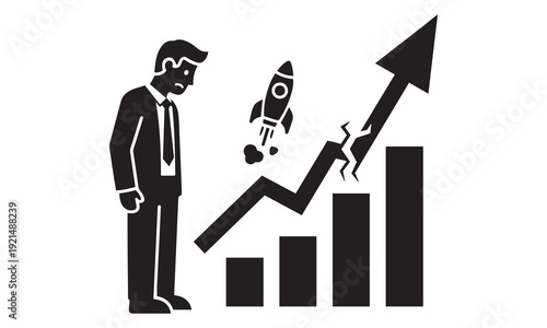 Frustrated businessman sees rocket fail to launch as stock market graph crashes down