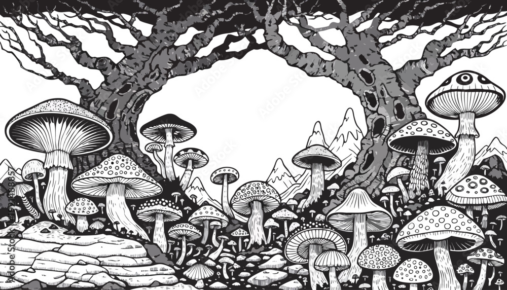 Obraz premium Very beautiful detailed woodland composition blending textured trees and clustered mushrooms, forming an artistic monochrome panorama ideal for rustic prints and outdoor inspired design projects.