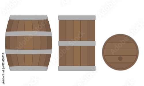 Wooden barrel vector set on transparent background. Side, cylindrical, and top view illustrations for brewery logos, wine cellar infographics, rustic-themed web design, and digital game assets
