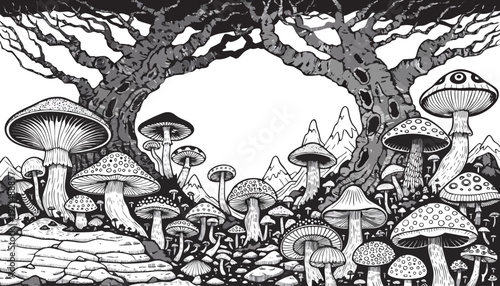 Very beautiful detailed woodland composition blending textured trees and clustered mushrooms, forming an artistic monochrome panorama ideal for rustic prints and outdoor inspired design projects.