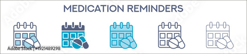 Medication Reminders Element For Design Graphic - Multi Styles. Vector Illustration Of Two Colored And Black. Multiple Icons Designs Can Be Used For Mobile, Ui, Web 