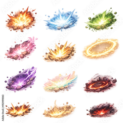 impact marks collection, comic explosion set, cartoon hit effects, manga burst elements, dynamic impact shapes, comic book action symbols, starburst explosion icons, fight scene effects pack, punch im