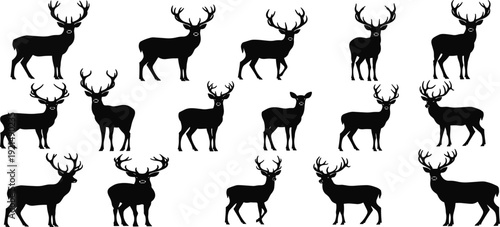 Eighteen black deer silhouettes with antlers in varied standing and walking poses isolated on white background, wildlife animal shapes for design, art, and illustration