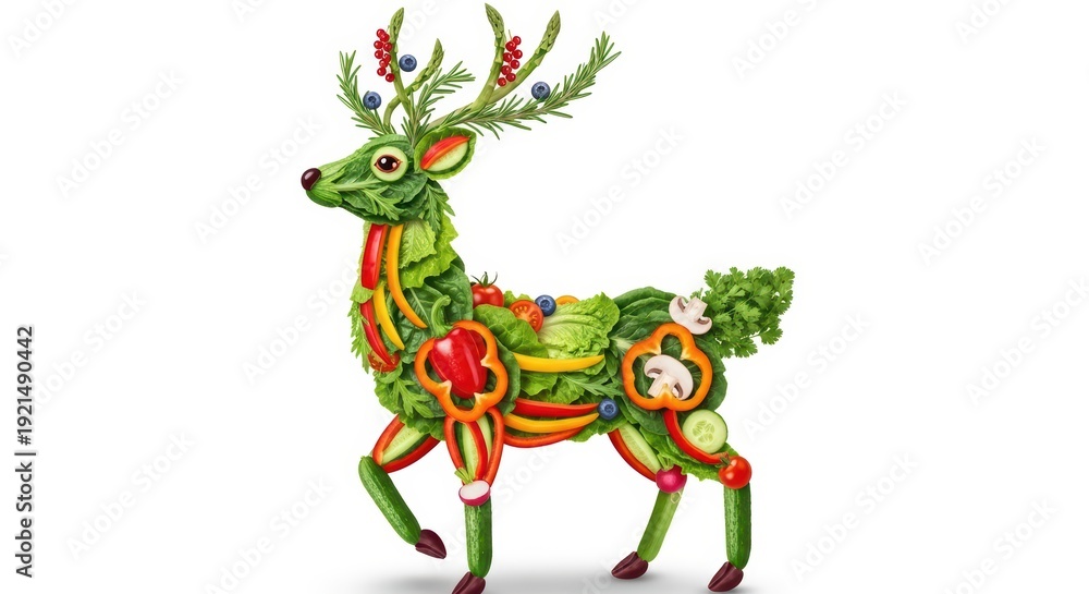 Fototapeta premium Creative vegetable reindeer, healthy Christmas food art