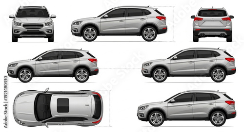 Silver Car Multiple Angles Isolated.