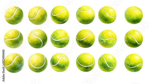 A charming watercolor collection of tennis balls, including bright yellow-green spheres, soft textured shading, and curved white seam details.